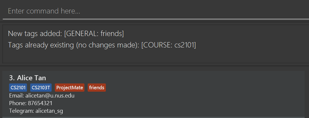 result for 'tag 3 tc/cs2101 tg/friends'